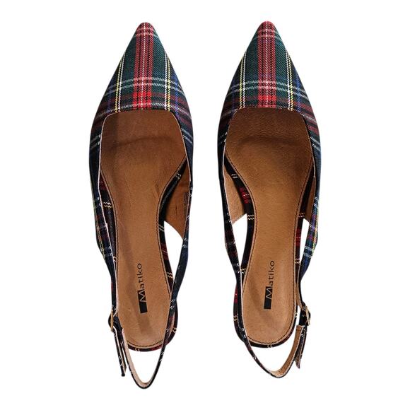 MATIKO Women 7 Lori Shoes Slingback Green Tartan Plaid Textile Leather Lined NEW - Picture 4 of 11